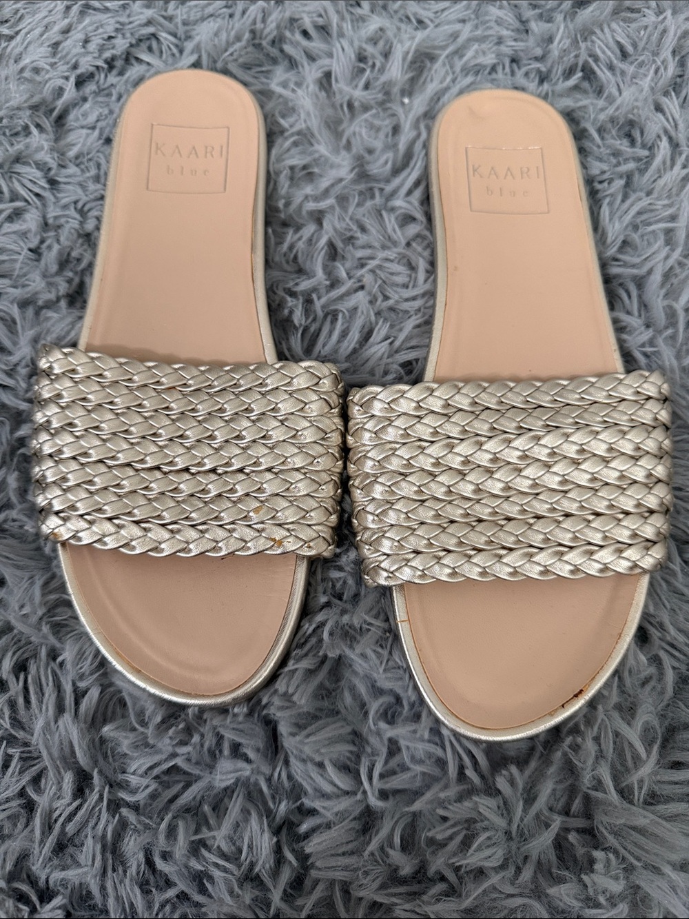 Kaari Blue Metallic Braided Slide Sandals - Silver/Beige